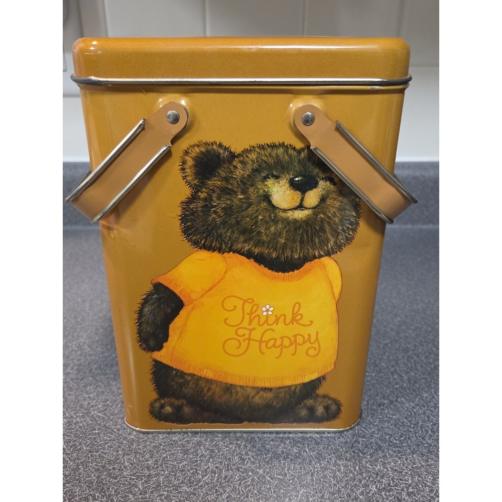 1980s Hallmark Shirt Tales Barnaby Bear Think Happy Tin Container Bucket Handles